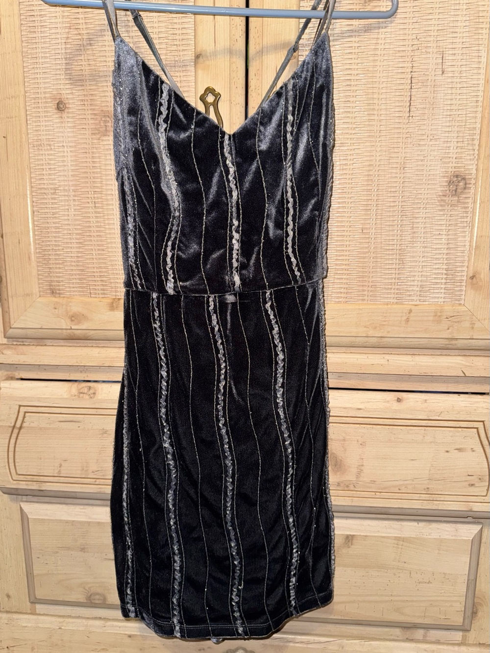 Lush gray Velvet Slip Dress with Silver Stripes